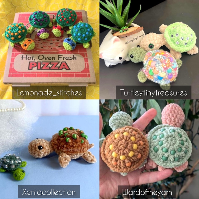 K&ouml;nnte beinhalten: Eine Sammlung von geh&auml;kelten Amigurumi-Turtlespielzeug in verschiedenen Farben und Mustern. Die Schildkr&ouml;ten werden auf verschiedenen Oberfl&auml;chen ausgestellt, darunter ein Pizzakarton, ein Pflanzentopf und eine Hand.