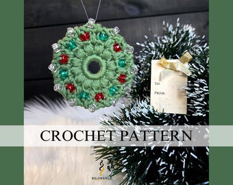 Modèle au crochet d'ornement de couronne de Noël en perles : adapté aux débutants, sans couture, remuant sensoriel (Patron PDF)
