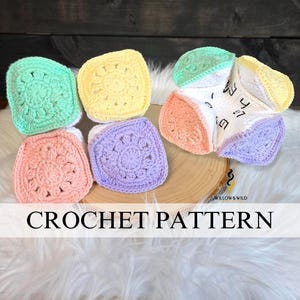 May include: A selection of pastel-coloured crochet squares in mint green, yellow, peach, and lavender, and a multi-coloured crochet ball. The text "CROCHET PATTERN" is displayed on a white banner.