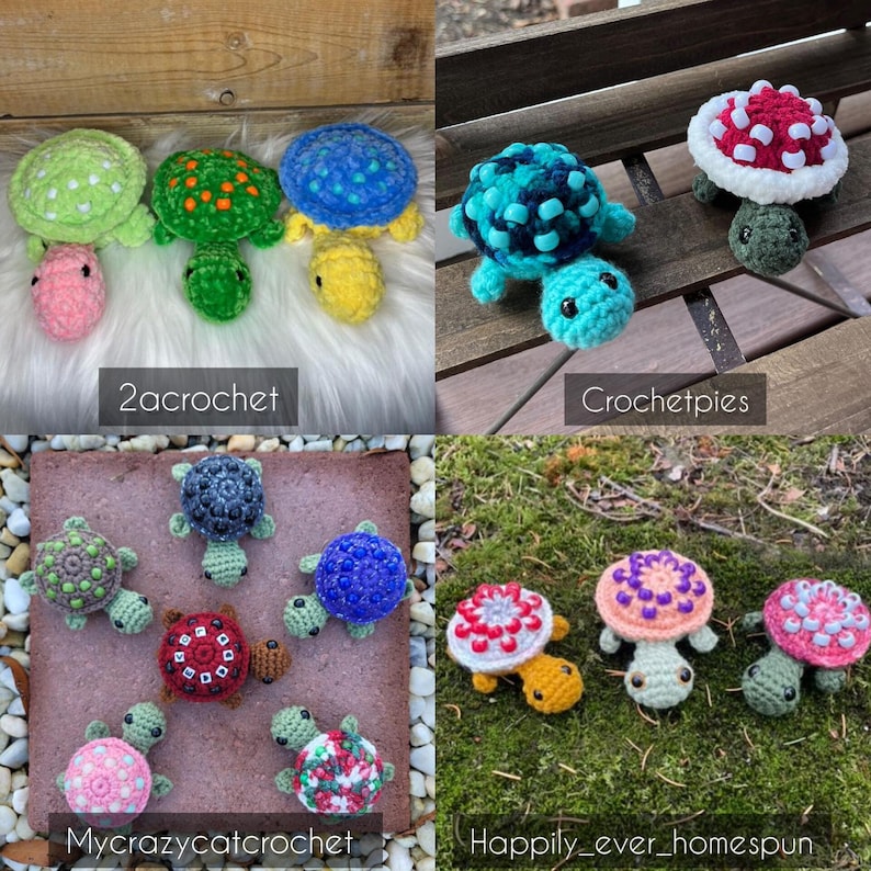 K&ouml;nnte beinhalten: Eine Sammlung von geh&auml;kelten Amigurumi-Turtlespielzeug in verschiedenen Farben und Mustern. Die Schildkr&ouml;ten sind in verschiedenen Posen angeordnet und haben unterschiedliche Gesichtsausdr&uuml;cke. Das Bild enth&auml;lt den Text "2acrochet", "Crochetpies", "Mycrazycatcrochet" und "Happily_ever_homespun".