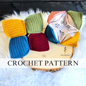 May include: A selection of colourful, crocheted items, including squares and a multi-sided shape, are displayed on a wooden slice. The items are in shades of yellow, blue, green, and red. The text "CROCHET PATTERN" is displayed.