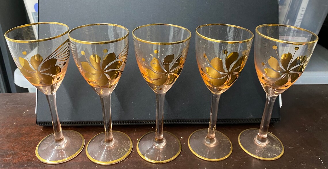 Vintage Gold Rimmed Embossed Cordial Glasses Etsy