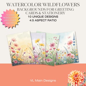 10 aquarel wilde bloemen wenskaart briefpapier achtergronden, hoge resolutie, persoonlijk gebruik, commercieel gebruik, print on demand POD-rechten