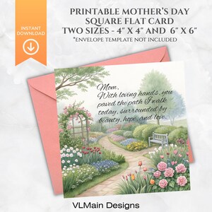 Afdrukbare Moederdagkaart, directe digitale download, wenskaart Engelse tuin bloemen, 4 x 4 inch vierkant en 6 x 6 inch vierkant opties