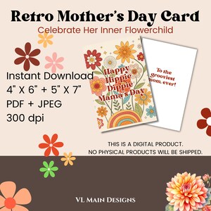 Carte de fête des mères imprimable, motif floral rétro pour les mamans groovy hippie, carte de maman drôle, années 70, téléchargement immédiat, haute résolution, PDF, JPEG