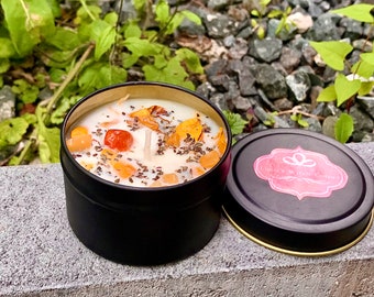 Custom Handmade Soy Wax Spell Candle with Crystals | Pagan Witchcraft | Green Witch