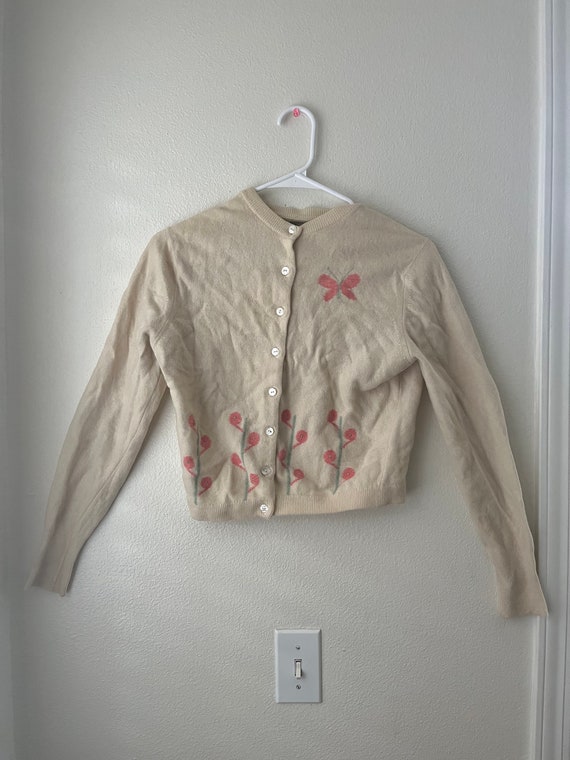 1950s Vintage Spring Cardigan With Pink Flowers