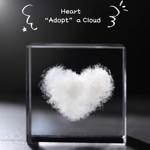 May include: A clear glass cube with a white cloud shaped like a heart inside. The text "Heart "Adopt" a Cloud" is written above the cube.