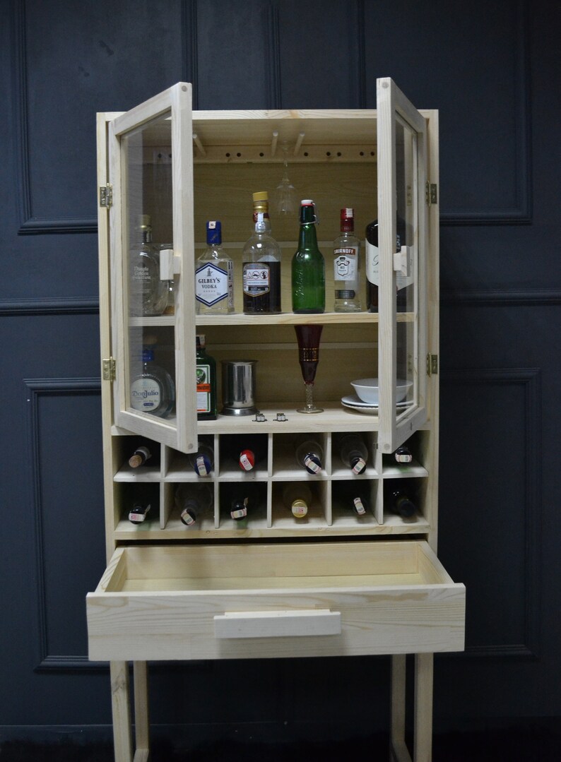 Modern Tall Home Bar With Storage Solid Wood Bar Etsy