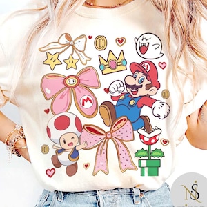 Retro Coquette Bow Mario Yoshi Shirt Mario Peach Luigi Yoshi, Mario Epic Universe Baby Tee Crop Tank, Mario Kids Shirt, Mario Birthday