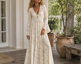 Boho maxi jurk met kant, festivaljurk, zwierige jurk met lange mouwen en V-hals, kerstcadeau voor cowgirl-meisjes