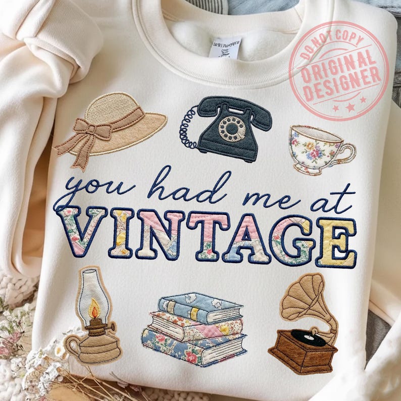 You Had Me At Vintage Png, Faux Embroidery Vintage Objects Png, Grandmillennial Thrifting Aesthetic Png, Stitched Vintage Retro Decor Png image 4