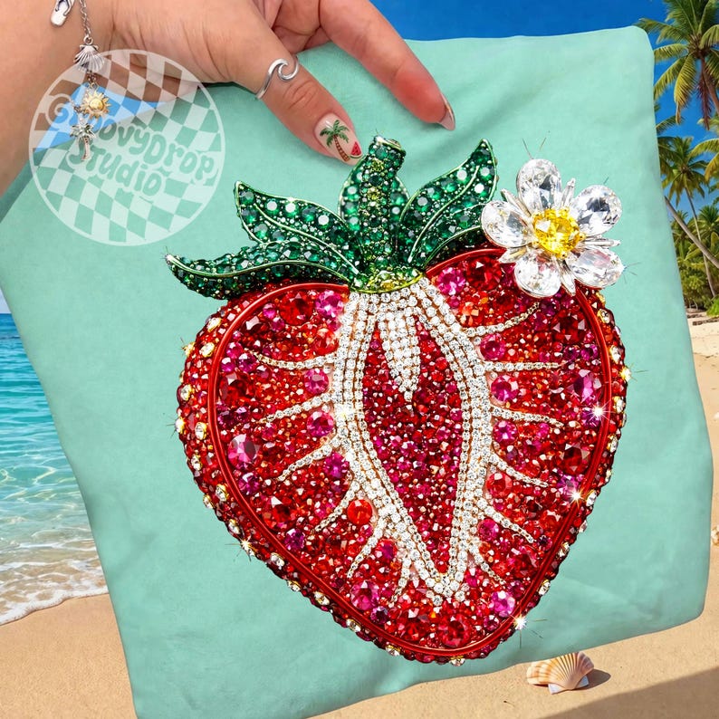 Rhinestone Summer Strawberry Png, Girly Strawberry Rhinestone Beach Floral Png, Strawberry Spakle Bling Crystal Mosaic Jewel image 2