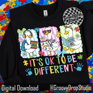 May include: Black sweatshirt with a colorful graphic of three ducks, each with a different accessory and holding items like a book and notepad. The text "IT'S OK TO BE DIFFERENT" is below the ducks, with puzzle pieces and handprints.