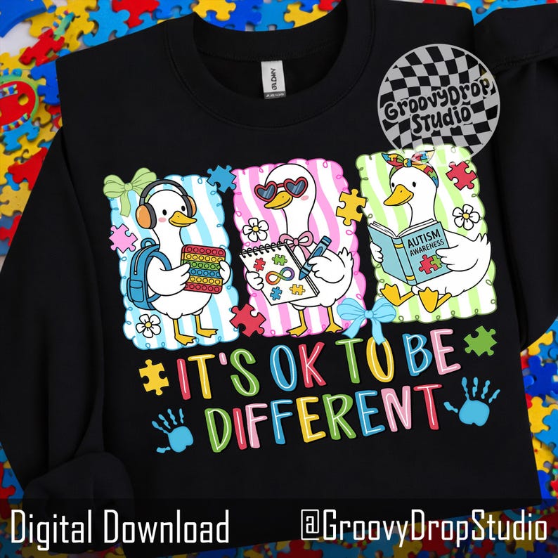 May include: Black sweatshirt with a colorful graphic of three ducks, each with a different accessory and holding items like a book and notepad. The text "IT'S OK TO BE DIFFERENT" is below the ducks, with puzzle pieces and handprints.