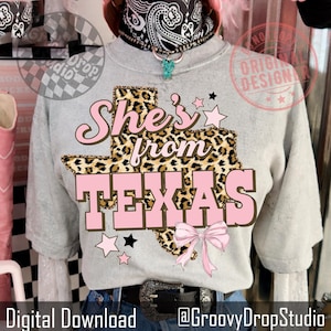 She’s from Texas Country Leopard State Png, She's From TX Coquette Leopard State Pride Png, Texas Cowgirl County Side Png
