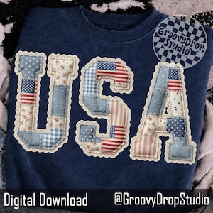 May include: Navy blue sweatshirt with the word "USA" appliqued on the front. The letters are made of patchwork fabric with American flag and floral patterns, trimmed with lace. The text "Digital Download" and "@GroovyDropStudio" are at the bottom.