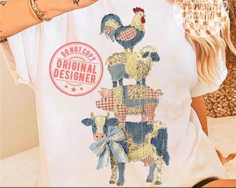 Animales de patchwork falsos PNG, edredón occidental de vaca y gallina PNG, casa de campo de cuadros vichy azules, sublimación vintage campestre Grandmacore PNG