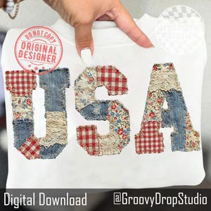 Faux Patchwork USA PNG, Quilt Style Varsity USA Flag Png, Grandmacore Patriotic Design, 4th of July Vintage American Sublimation Png