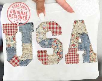 Faux Patchwork USA PNG, Quilt Style Varsity USA Flagge Png, Grandmacore Vaterländisches Design, 4. Juli Vintage Amerikanische Sublimation Png