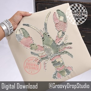 May include: Square beige cushion with a patchwork lobster design in pink, green, and grey. The lobster has a distressed, textured look. The text at the bottom reads "Digital Download" and "@GroovyDropStudio".