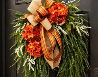 Fall Hydrangea Wreath, Autumn Front Door Wreath, Rustic Farmhouse Fall Decor, Orange Cream Hydrangea Wreath with Saw Grass Greenery