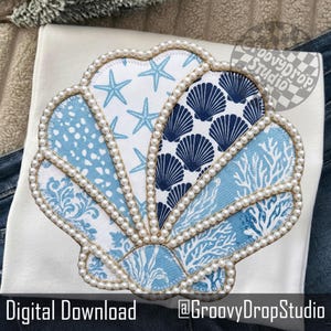 May include: A seashell design with various blue patterns, including starfish, seashells, and coral, is outlined with a string of pearls. The words "Digital Download" and "@GroovyDropStudio" are at the bottom. The design is on a white background.