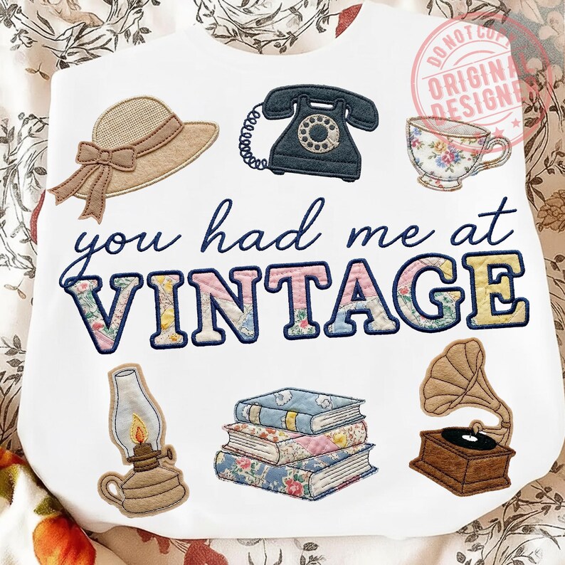 You Had Me At Vintage Png, Faux Embroidery Vintage Objects Png, Grandmillennial Thrifting Aesthetic Png, Stitched Vintage Retro Decor Png image 6