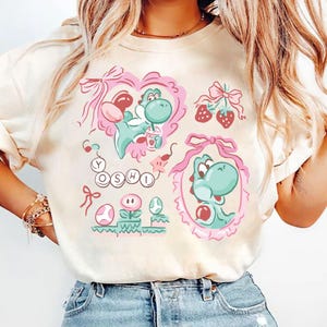 Coquette Bow Mario Yoshi Baby Tee Crop Tank, Mario Womens Shirt, Coquette Strawberries, Girls Trip Shirt, Mario Coquette Shirt