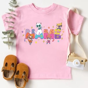 Personalized Super Kitties Character Shirt, Custom Name Kids Super Kitties Tee, Super Kitties Brave and Kind Shirt, Super Cat Sparks Tee