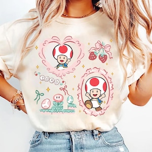 Retro Coquette Bow Mario Toad Shirt, The Super Mario Bros Movie, Mario Epic Universe Baby Tee Crop Tank, Mario Kids Shirt, Cute Toad Shirt