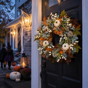 May include: A circular wreath featuring white pumpkins, green foliage, and orange autumn leaves mounted on a black door. The arrangement includes clusters of small white berries and textured greenery, creating a dense, layered display of seasonal decor.