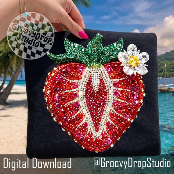 Rhinestone Summer Strawberry Png, Girly Strawberry Rhinestone Beach Floral Png, Strawberry Spakle Bling Crystal Mosaic Jewel