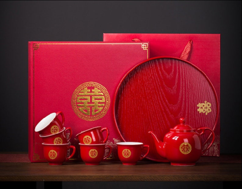 Auspicious Red Wedding Tea Set With Gold Double Happiness Symbol: Large ...