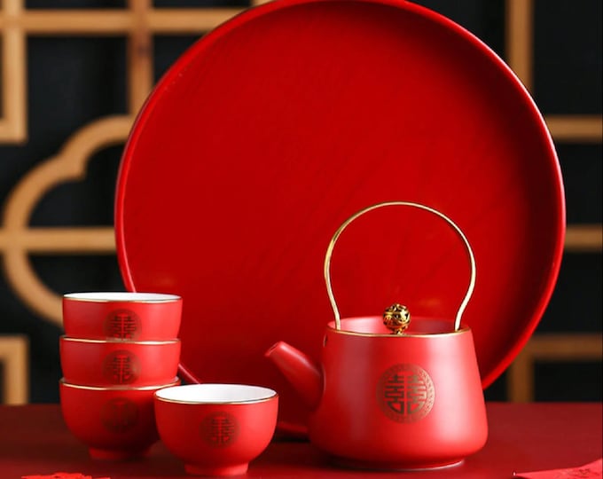 Auspicious Minimalist Double Happiness Wedding Bridal Tea Set