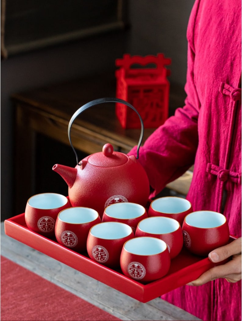Auspicious Red Matte Finish Wedding Tea Set With White Double Happiness ...