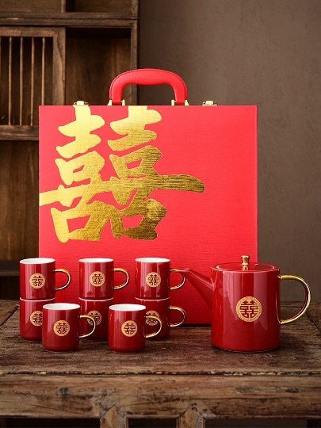 Auspicious Contemporary Red Wedding Tea Set With Handle - Etsy