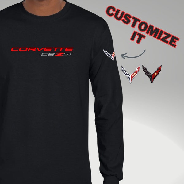 Corvette C8 Z51 Lover long-sleeve shirt with Corvette C8 flags on both sleeves, full sleeve shirt top Christmas gift