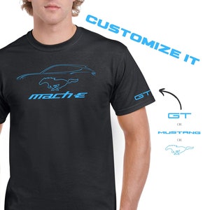 Ford Mustang Mach E Lover tshirt with model logo on left sleeve printed on Gildan shirts,  Mach E GT with mustang pony on left sleeve