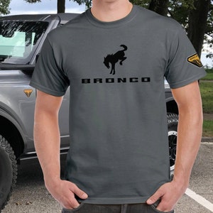 Ford Bronco Lover tshirt with model logo on left sleeve printed on Gildan shirts, Ford Bronco WildTrak Big Bend  Bad Lands Raptor