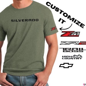 Chevy Silverado Truck Chevrolet Lover t-shirt with model logo on left sleeve on 100% Cotton Gildan brand shirts z71 zr2 trail boss