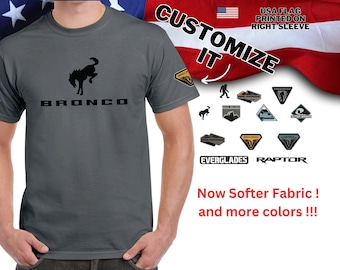 Ford Bronco Lover 4th of July tshirt with model logo on left sleeve printed on Gildan shirts Ford Bronco WildTrak Big Bend  Bad Lands Raptor