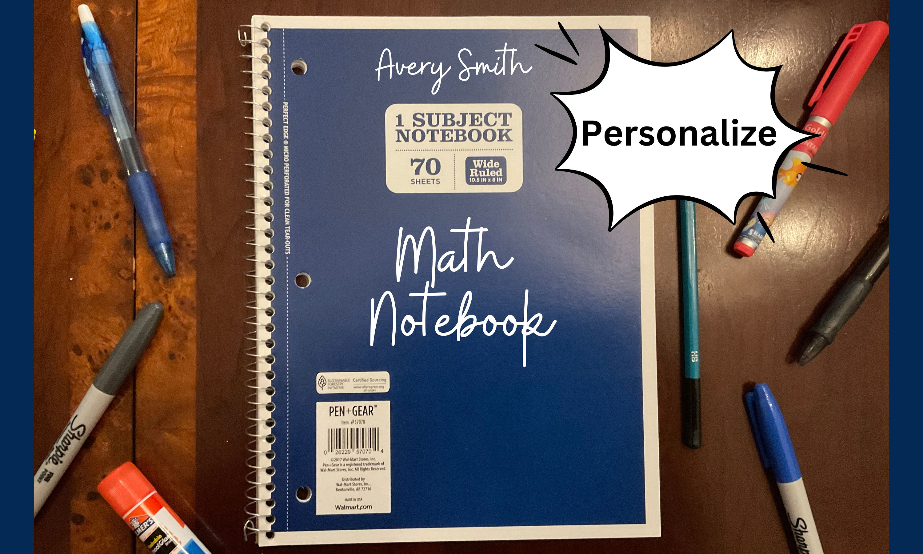 Personalized Spiral Notebook Wide Ruled 1 Subject Customized name, subject and class for Back to School Notebook and Supplies