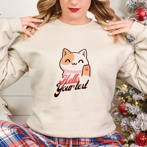 Kawaii Chibi White Orange Cat Waving Hello Sweatshirt, personalize it with your text, smiling cat, twitch emotes emoji hello catto happy cat