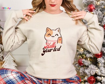 Kawaii Chibi Cat Waving Hello Sweatshirt - Personalized Text