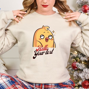 Kawaii Chibi Eccitato Uccello Giallo Galleggiante Scintille Cuore Occhi Ridere Arrabbiato Dire Ciao e Felpa Lacrimosa personalizzalo con il tuo testo
