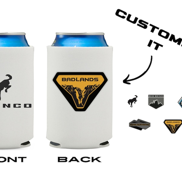 Ford Bronco Lover can koozie Neoprene Collapsible  Premium Can Cooler with model logo Bad Lands, Wildtrak, Black Diamond, Outer Banks