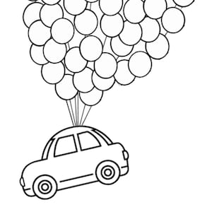 Puede incluir: Un dibujo en blanco y negro de una línea de un coche que está siendo levantado por un montón de globos. El coche tiene cuatro ruedas y un parabrisas. Los globos son todos redondos y están atados juntos con cuerdas.