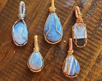 Owyhee Blue Opal Wire Wrapped Cabochon Pendant Necklace