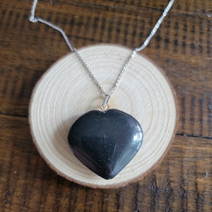 Black Tourmaline Heart Pendant on a Stainless Steel Necklace
